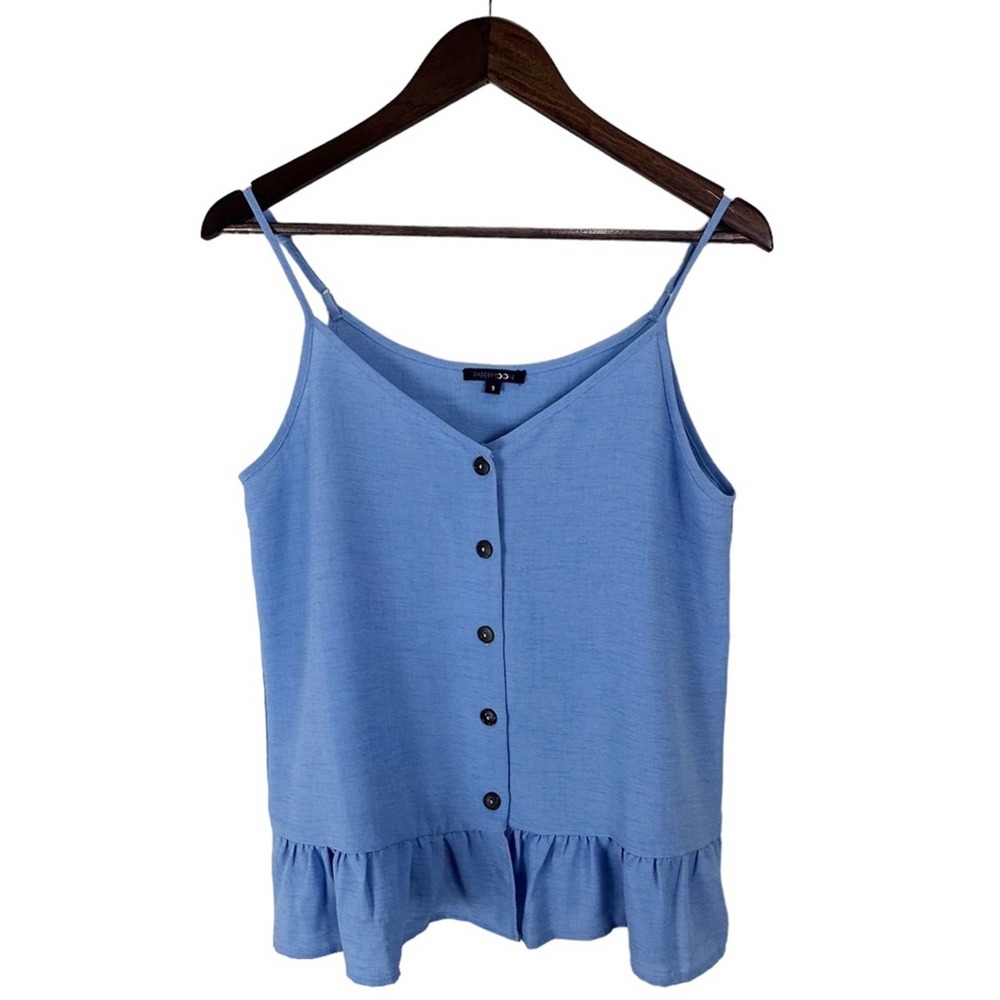 NWOT. Papermoon Blue Button-Front Ruffle Hem Tank Top